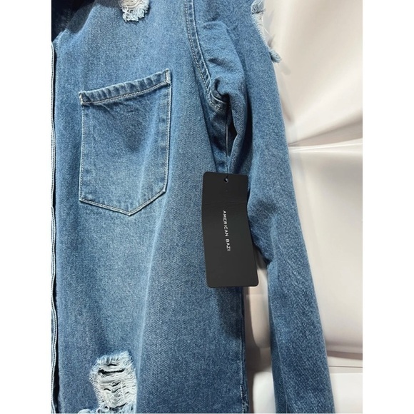 American Bazi Sz M Long Tunic Distressed Ripped Denim Duster Jacket NEW - Picture 7 of 10